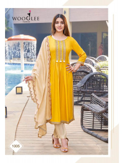 Wooglee Fashion Coral Naira Cut Kurti with Bottom and Dupatta Catalog at Wholesale Rate