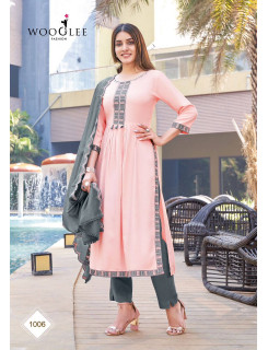 Wooglee Fashion Coral Naira Cut Kurti with Bottom and Dupatta Catalog at Wholesale Rate