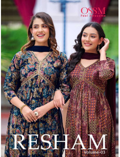 Ossm Resham Vol 3 Naira Cut Kurti with Pant and Dupatta Set Catalog at Wholesale Rate