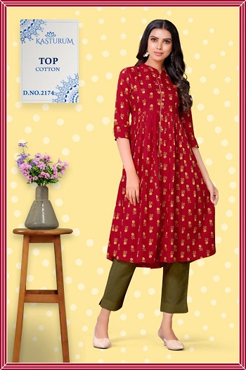 Kasturam Red Anarkali Cotton Single Kurtis collection 1