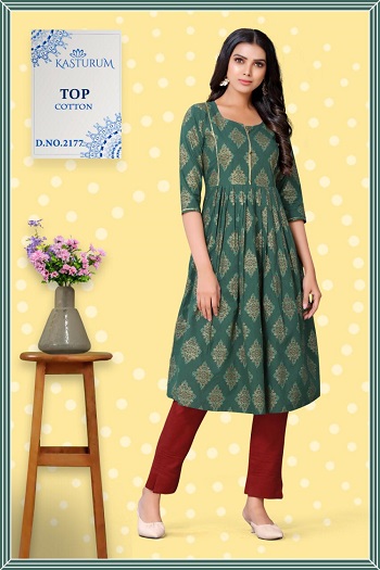 Kasturam Green Anarkali Cotton Single Kurtis collection 1