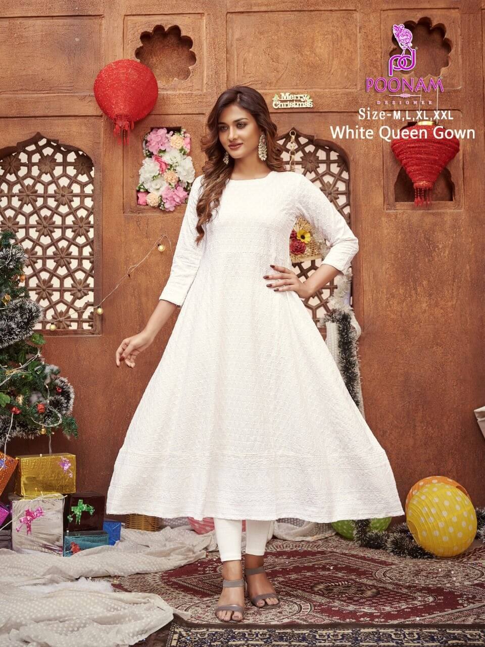 Poonam White Queen Gown Lucknowi Work Kurti Catalog collection 3
