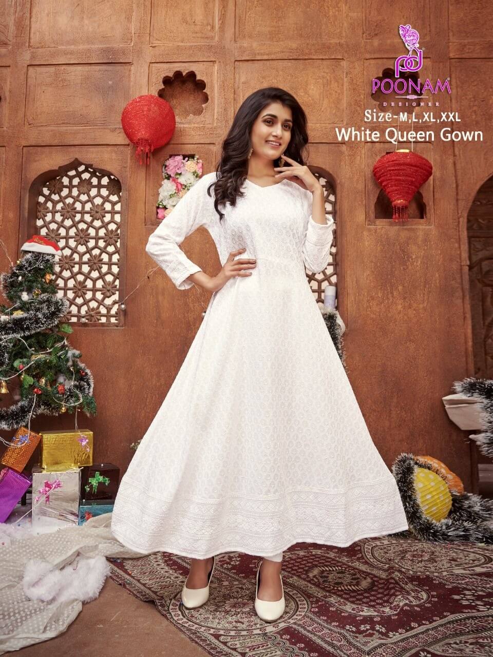 Poonam White Queen Gown Lucknowi Work Kurti Catalog collection 2