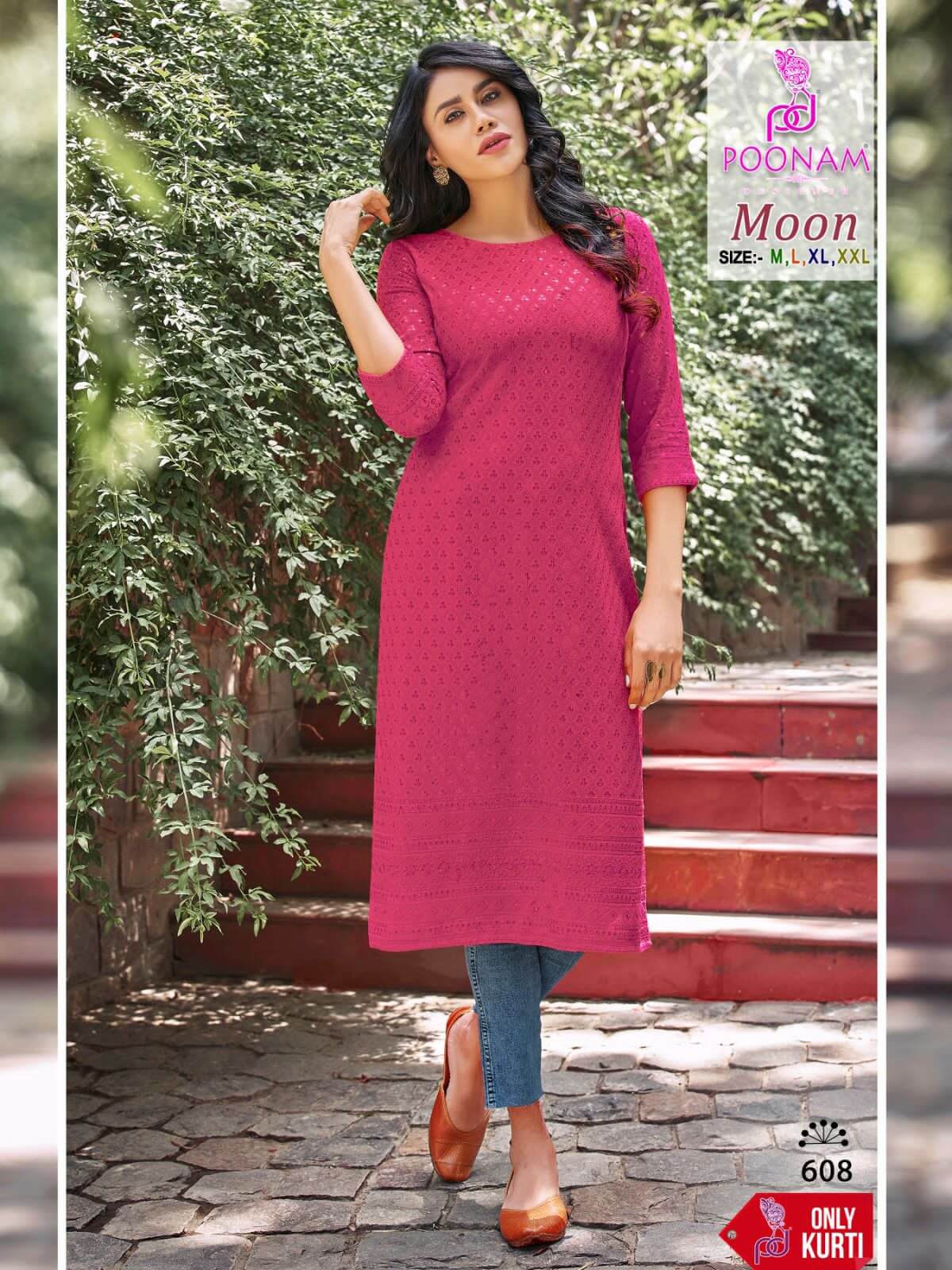 Poonam Moon Rayon Schiffli Chikan Work Kurti Catalog collection 4