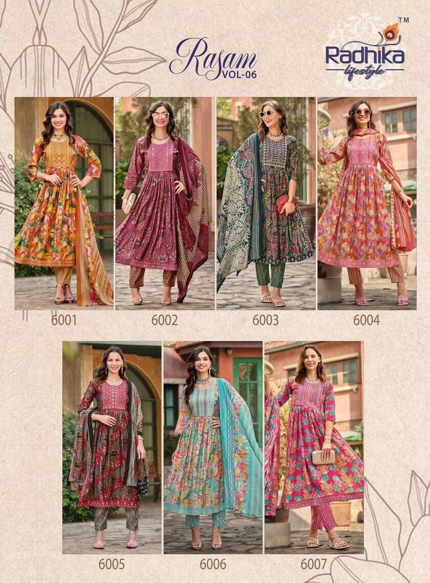 Radhika Lifestyle Rasam Vol 6 Naira Cut Kurti Pant With Dupatta collection 9