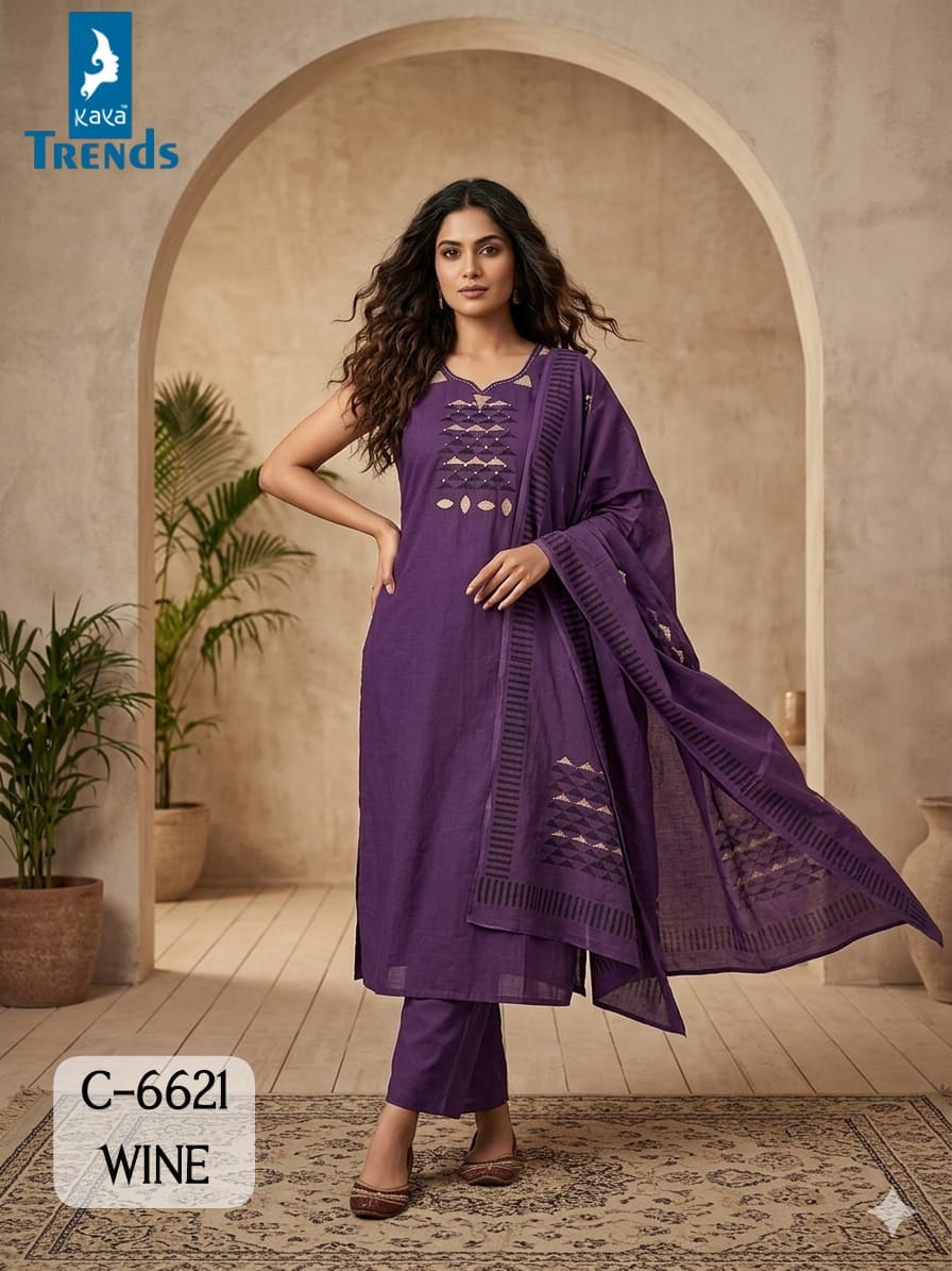 Kaya Trends 6621Wine Cotton Salwar Kameez Size Set collection 1