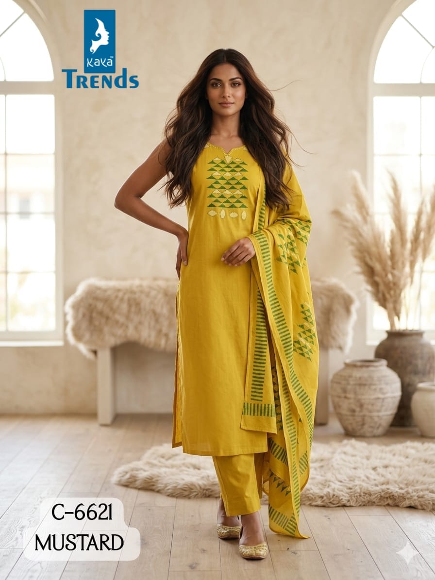 Kaya Trends 6621Mustard Cotton Salwar Kameez Size Set collection 1